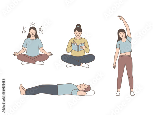 Diverse Wellness Activities Meditation Reading Relaxation and Exercise