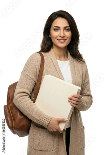Woman stands with a book in her hands and a backpack on her shoulder.