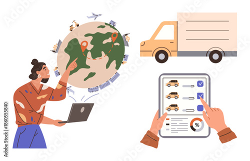 Person using laptop points at globe with shipping routes. Delivery truck and checklist highlight supply chain, cargo management, e-commerce, and global trade. Ideal for shipping, logistics, planning