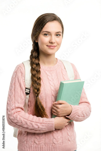 Woman holds a book while standing against a white background.