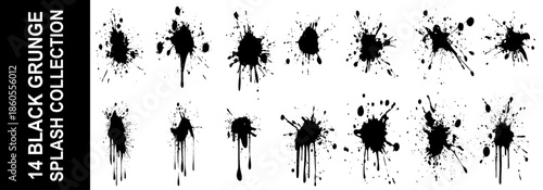 Black ink splatter isolated on white background. Vector watercolor paint brush texture. Ink splash and stain set. Grunge spray drop spatter, dirty blot splatters and splat. Abstract splash blobs