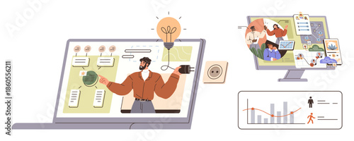 Team engaged in a virtual presentation via laptop, brainstorming ideas, analyzing data charts, and collaborating visually. Ideal for teamwork, remote work, data analysis, creativity, innovation