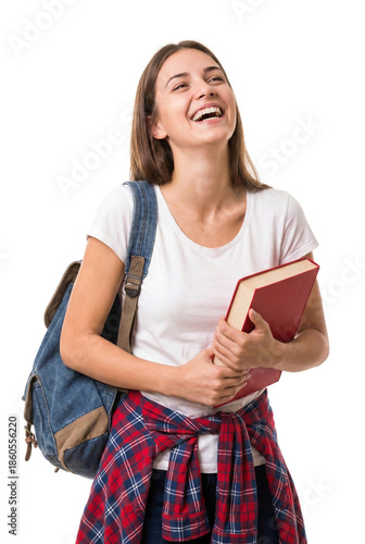 Woman stands with a book in hand and smiles during study time.