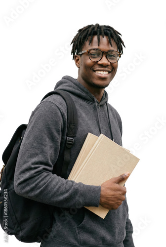 A man stands isolated with a backpack and books in his hands. He is smiling.