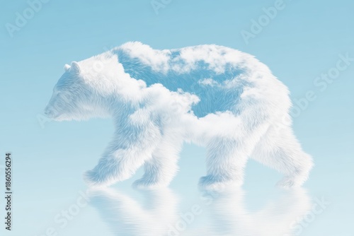 Cloud Bear Silhouette: A whimsical, ethereal representation of a polar bear constructed entirely from soft, fluffy clouds. The bear gracefully strides across a serene, gradient sky.