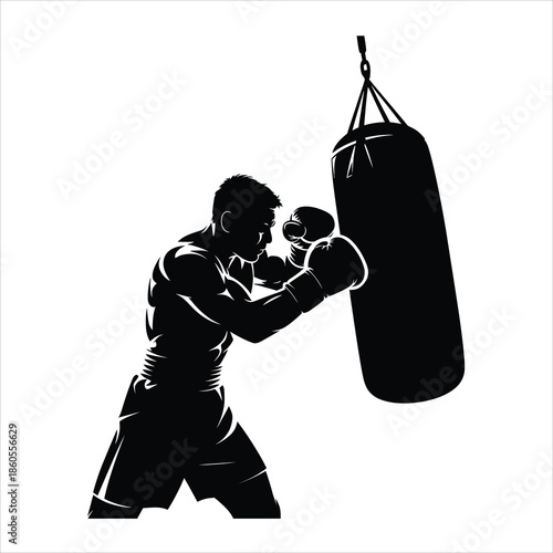A powerful male boxer practices his punch with intense focus on a heavy training bag