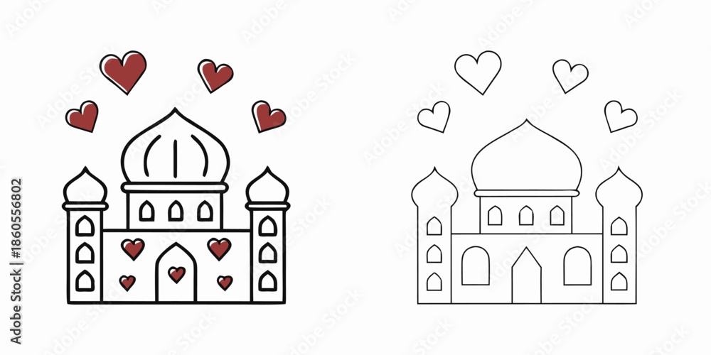 Fototapeta premium Beautiful mosque illustration with hearts for islamic love and charity concept in two versions colored and outline