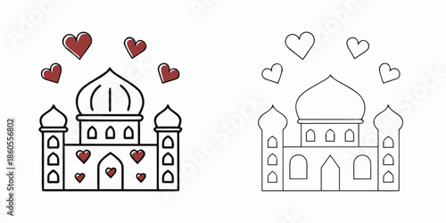 Beautiful mosque illustration with hearts for islamic love and charity concept in two versions colored and outline