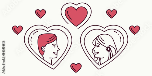 Man and woman surrounded by hearts in a romantic illustration for valentines day love and relationships