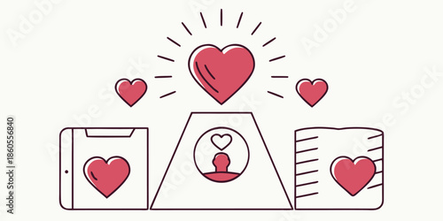 Heart icons on digital devices and documents symbolizing love and affection in modern technology and communication platforms for personal and professional use cases effectively.