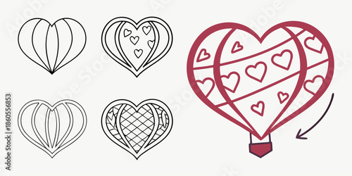 Beautiful collection of heart shapes featuring hot air balloon designs in various patterns and red color