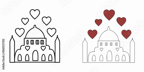 Beautiful simple illustration of the Taj Mahal with hearts representing love and romance in various stages of completion