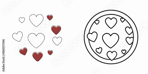 Collection of various heart shapes presented in outline and solid fill styles alongside a circular design featuring embedded heart elements perfect for romance themes