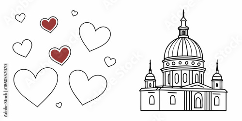 Beautiful illustration of basilica and hearts symbolizing love and devotion in a simple yet elegant design on a white background