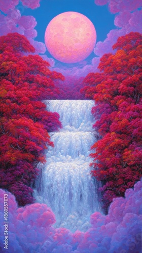 Serene Waterfall Landscape: A majestic waterfall cascades down tiered levels, embraced by lush, vibrant red foliage under the soft glow of a full moon. This picturesque scene emanates tranquility.