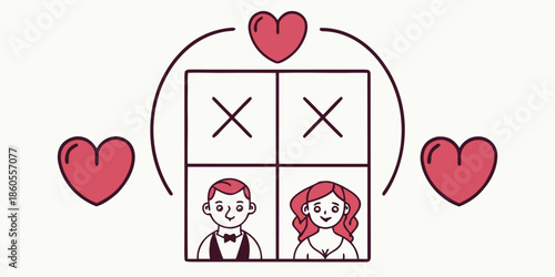 Simple cartoon illustration of a couple winning a tic tac toe game surrounded by hearts symbolizing love and togetherness on a white background