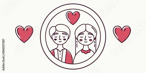 Happy couple in love surrounded by hearts in a simple line art illustration