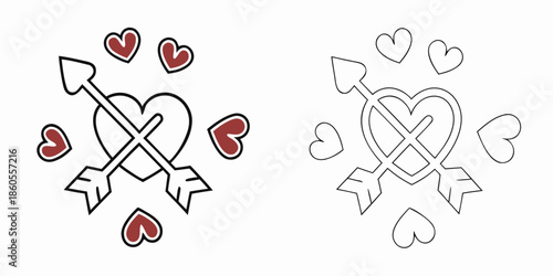 Charming set of two stylized hearts pierced by cupid arrows surrounded by small floating hearts presented in both colored and outline versions for design versatility.
