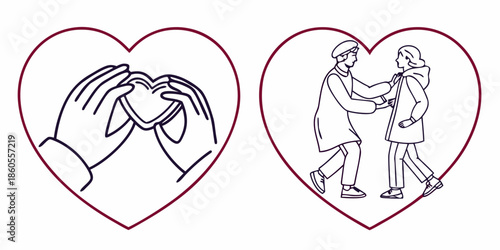 Simple line drawings illustrating love and companionship within heart shapes symbolizing affection and togetherness between people in a straightforward elegant design