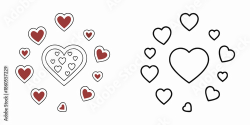 Collection of various sized hearts in outline and filled styles suitable for romantic design elements or coloring book pages illustration