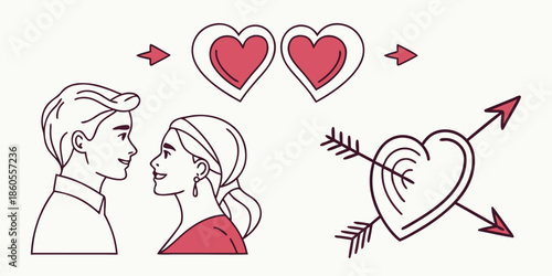 Lovely couple in love with hearts and arrows signifying romance and tender affection between them in a simple and elegant illustration