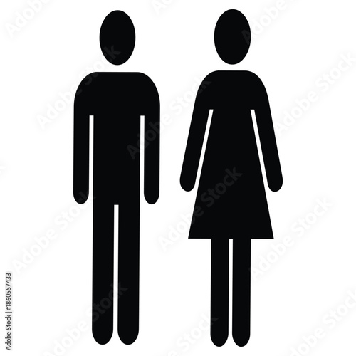 Minimalist black and white male and female pictogram icons representing gender equality and restroom signs on transparent background for navigation signage and universal accessibility symbols