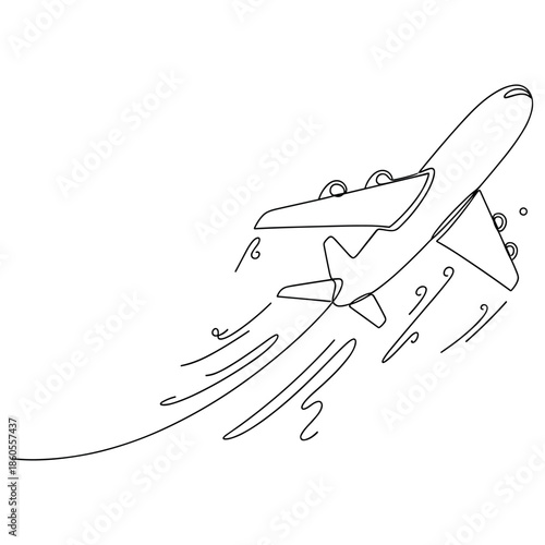 Continuous line drawing of a jet airplane taking off, no editable stroke