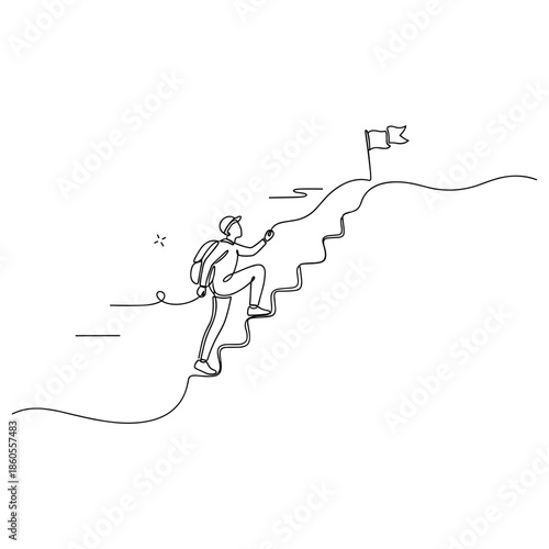 Asian female adventurer climbing mountain towards goal, no editable stroke