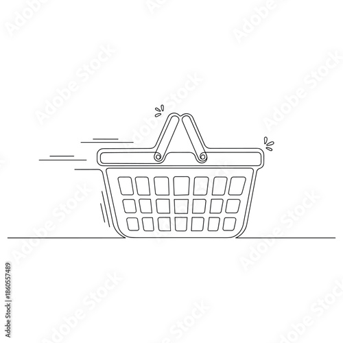 Minimalist line art of speeding shopping basket in motion, no editable stroke