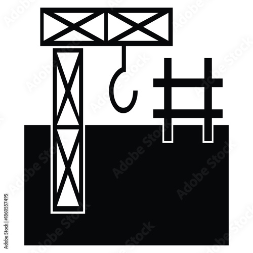 Construction site icon showing crane structure with hook hanging above solid ground and scaffold structure