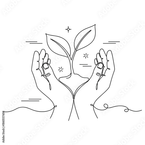 Abstract line art of hands nurturing a seedling with leaves, no editable stroke