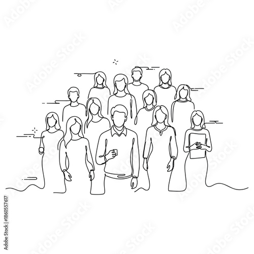 Diverse group of people in business attire standing together line art, no editable stroke