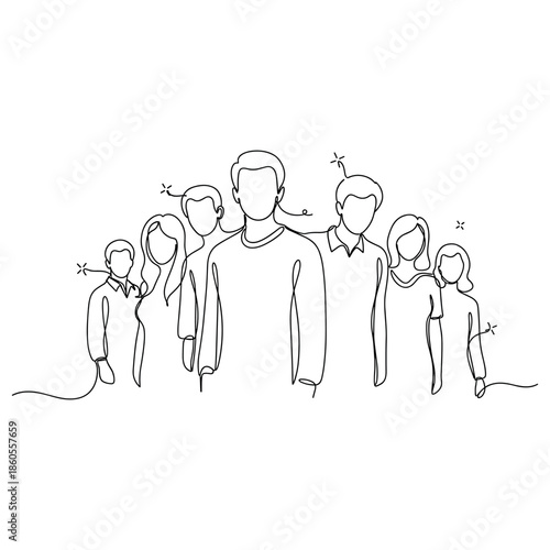 Continuous line drawing of a diverse group of people in casual attire, no editable stroke