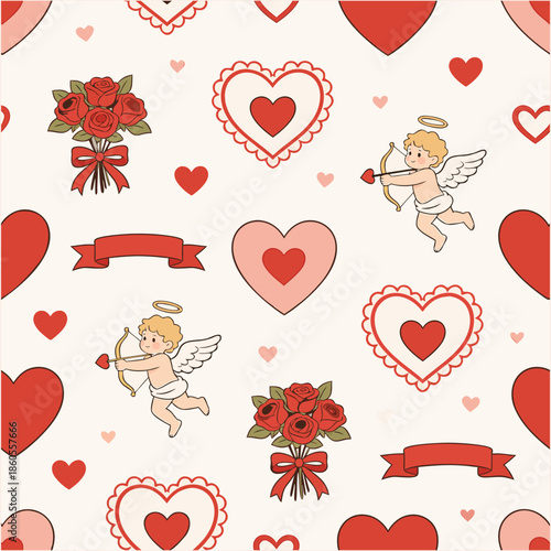 Festive Valentine's Day themed seamless pattern with angels, floral bouquets, and heart shapes, ideal for romantic and love projects