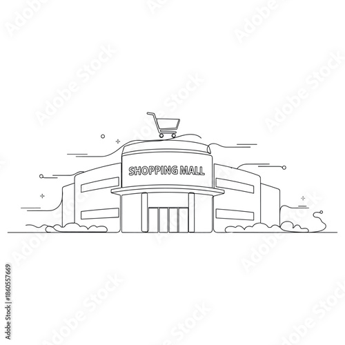 Modern shopping mall exterior line art with minimalist design and shopping cart icon, no editable stroke