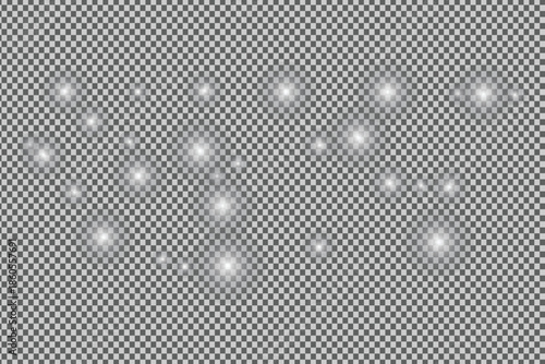 Glowing particles and light flares on transparent background with bokeh effect, beautiful sparkling dust and star light abstract illustration