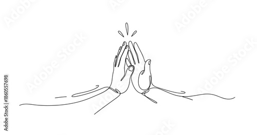 Continuous line art of two hands giving a high-five gesture for teamwork and unity, no editable stroke