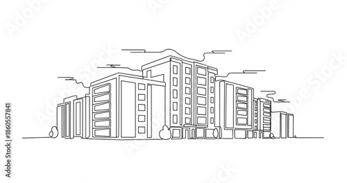 Modern urban apartment complex line drawing with clouds, no editable stroke