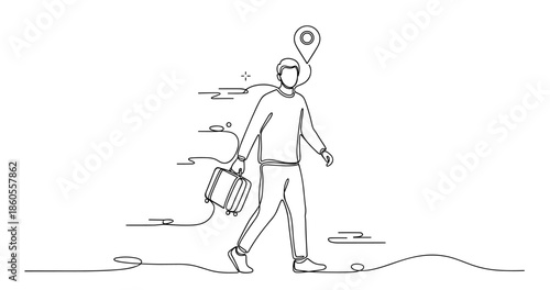 Line art of male traveler with luggage and location icon, no editable stroke