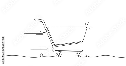 Simplistic line art of a moving shopping cart on wheels in motion, no editable stroke