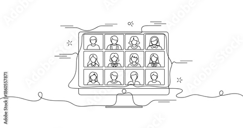 Virtual meeting on computer screen with diverse participants, no editable stroke