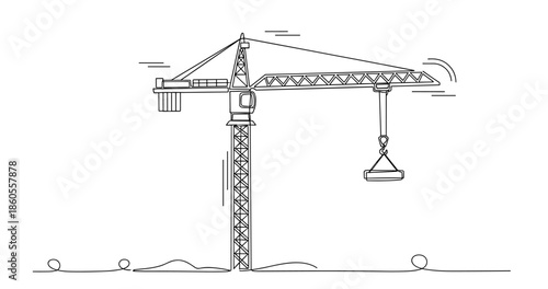 Outline drawing of a construction crane with hook in motion, no editable stroke
