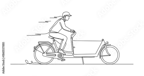 Line art of person riding cargo bicycle quickly, no editable stroke