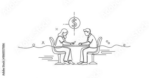 Line art depiction of business meeting with financial focus - two adults collaborating, no editable stroke