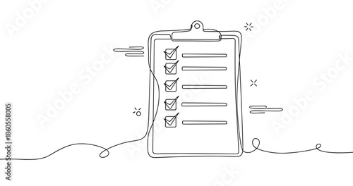 Minimalist checklist illustration with checkmarks on clipboard, no editable stroke