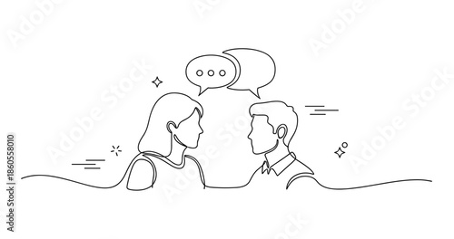 Line drawing of female and male engaging in conversation with speech bubbles, no editable stroke