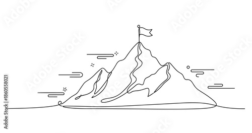 Minimalist mountain line art with flag on peak, no editable stroke