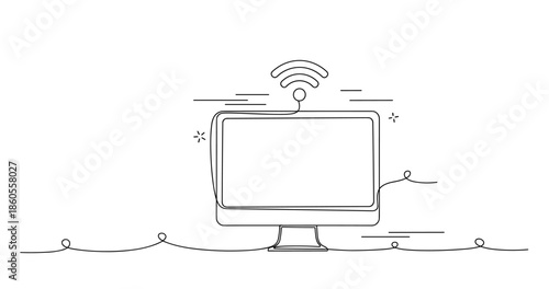 Line art of computer with wifi icon on white background, no editable stroke