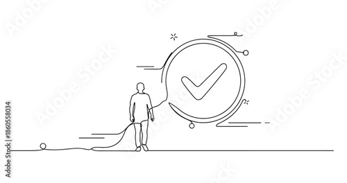 Continuous line drawing of person with check mark symbolizing approval, no editable stroke