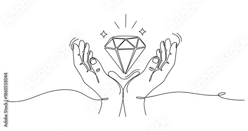 Hands holding a diamond in continuous line art, no editable stroke